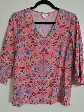 J. Jill Women’s Pink Floral V-Neck Top Size Small 3/4 Sleeve Boho Rayon Blouse